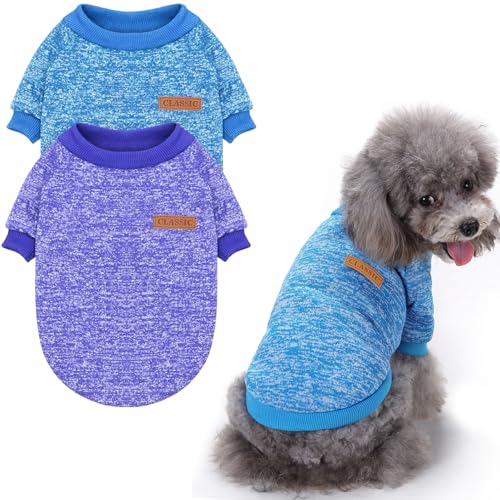 Klassischer Strickpullover für kleine und mittelgroße Hunde, warme Haustierkleidung für Hunde und Katzen, weiche Welpengröße für Chihuahua, Yorkshire Tzu (Blau, Dunkelmarineblau, XS), 2 Stück von Idepet