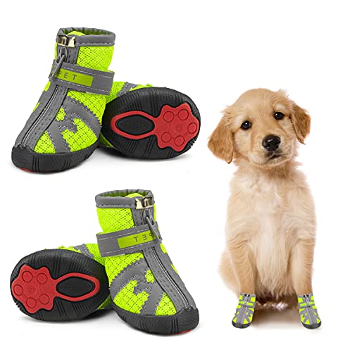 Idle Sloth Kleine Hundeschuhe, Hundeschuhe mit reflektierenden Riemen, atmungsaktiv, Pfotenschutz, rutschfeste Hundeschuhe, kleine Hunde, Stiefel mit Reißverschluss, verstellbar für kleine und mittelgroße Hunde, 4 Stück, Grün 5# von Idle Sloth