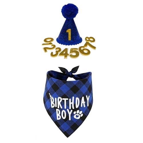 1 Set Dog Birthday Outfit, süßer Blauer Jungenhund -Geburtstagshut und Bandana -Schal -Set mit Nummer..Partyhut mit Pom-Poms-Toper für mittlere Hunde Katzen Haustiere von Iewroyt