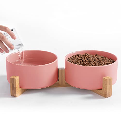 Ihoming Hundenäpfe Katzen Keramik Futter- und Wassernäpfe Set 3,5 Tassen X 2 Indoor Pink Pet Bowls mit Holzständer von Ihoming