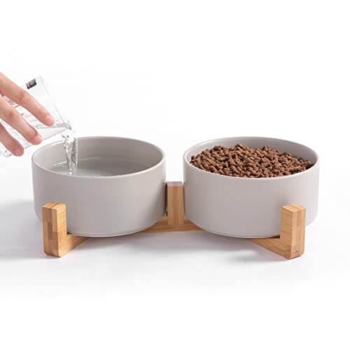 Ihoming Katzennäpfe Welpe Keramik Futternäpfe Set 1 3/4 Becher X 2 Indoor Grau Pet Bowls mit Holzständer von Ihoming