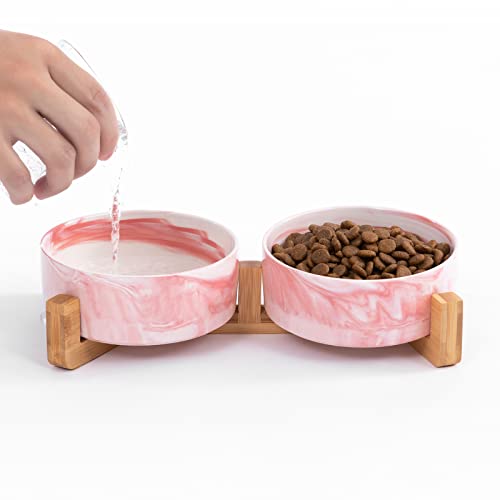 Ihoming Marmorierung-Katzennäpfe, Welpen-Keramik-Futter- und Wasserschalen-Set, 1 3/4 Tassen x 2, rosa Haustierschalen mit Holzständer von Ihoming