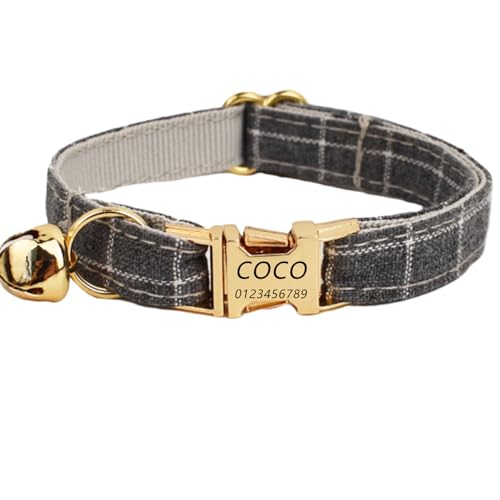 Haustierhalsband mit individueller Gravur, personalisiertes Katzen Halsband mit Sicherheitsverschluss, individuelle Halsbänder mit Glöckchen für Katzenjungen und mädchen (Graues Gitter,S) von Iirlvior