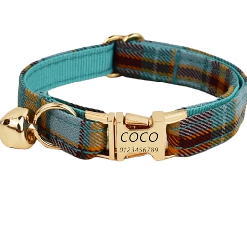 Haustierhalsband mit individueller Gravur, personalisiertes Katzen Halsband mit Sicherheitsverschluss, individuelle Halsbänder mit Glöckchen für Katzenjungen und mädchen (Grünes Gitter,S) von Iirlvior