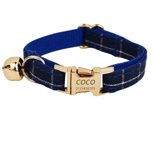Haustierhalsband mit individueller Gravur, personalisiertes Katzen Halsband mit Sicherheitsverschluss, individuelle Halsbänder mit Glöckchen für Katzenjungen und mädchen (Marineblau kariert,S) von Iirlvior