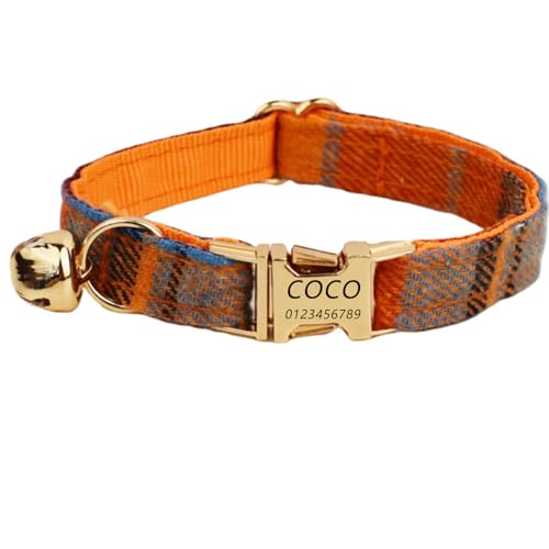 Haustierhalsband mit individueller Gravur, personalisiertes Katzen Halsband mit Sicherheitsverschluss, individuelle Halsbänder mit Glöckchen für Katzenjungen und mädchen (Orangefarbener Samt,S) von Iirlvior