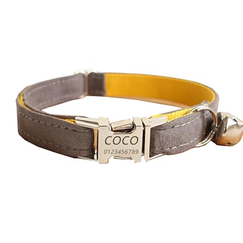 Haustierhalsband mit individueller Gravur, personalisiertes Katzen- und Hundehalsband mit Sicherheitsverschluss, Halsbänder mit Glöckchen für Katzenjungen (Gelber Hintergrund mit grauem Samt,S) von Iirlvior
