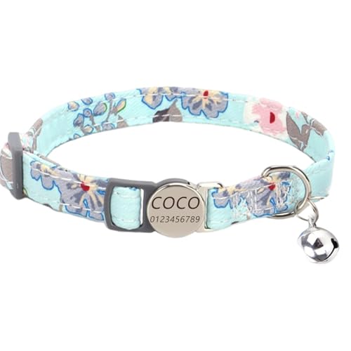 Haustierhalsband mit individueller Gravur, personalisiertes Katzen- und Hundehalsband mit Sicherheitsverschluss, Halsbänder mit Glöckchen für Katzenjungen und mädchen (Blaues Maiglöckchen) von Iirlvior