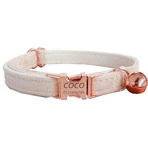 Haustierhalsband mit individueller Gravur, personalisiertes Katzen- und Hundehalsband mit Sicherheitsverschluss, Halsbänder mit Glöckchen für Katzenjungen und mädchen (Cremeweißer Dicker Samt,S) von Iirlvior