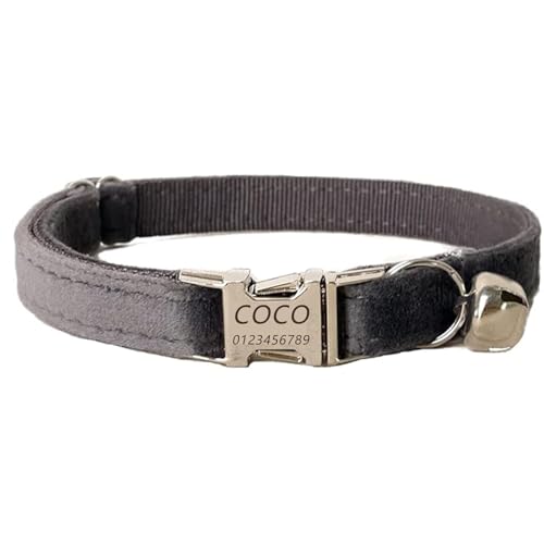 Haustierhalsband mit individueller Gravur, personalisiertes Katzen- und Hundehalsband mit Sicherheitsverschluss, Halsbänder mit Glöckchen für Katzenjungen und mädchen (Dicker Samt in Grau,S) von Iirlvior