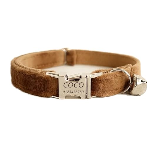 Haustierhalsband mit individueller Gravur, personalisiertes Katzen- und Hundehalsband mit Sicherheitsverschluss, Halsbänder mit Glöckchen für Katzenjungen und mädchen (Dicker Samt in Kamel,L) von Iirlvior