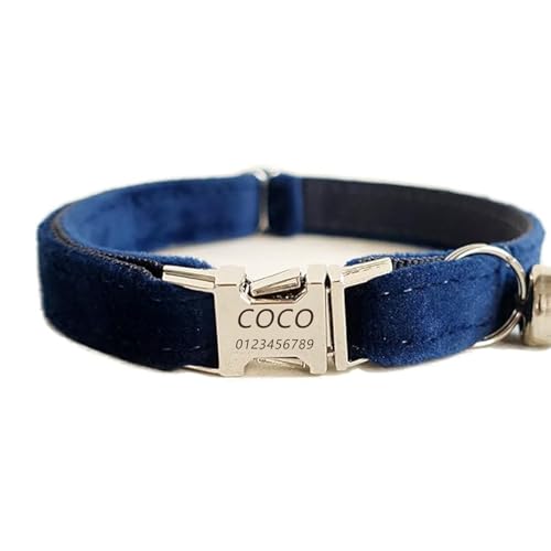 Haustierhalsband mit individueller Gravur, personalisiertes Katzen- und Hundehalsband mit Sicherheitsverschluss, Halsbänder mit Glöckchen für Katzenjungen und mädchen (Dicker Samt in Marineblau,L) von Iirlvior