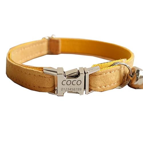 Haustierhalsband mit individueller Gravur, personalisiertes Katzen- und Hundehalsband mit Sicherheitsverschluss, Halsbänder mit Glöckchen für Katzenjungen und mädchen (Gelber Samt,S) von Iirlvior