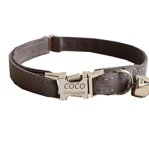 Haustierhalsband mit individueller Gravur, personalisiertes Katzen- und Hundehalsband mit Sicherheitsverschluss, Halsbänder mit Glöckchen für Katzenjungen und mädchen (Grauer Samt,L) von Iirlvior