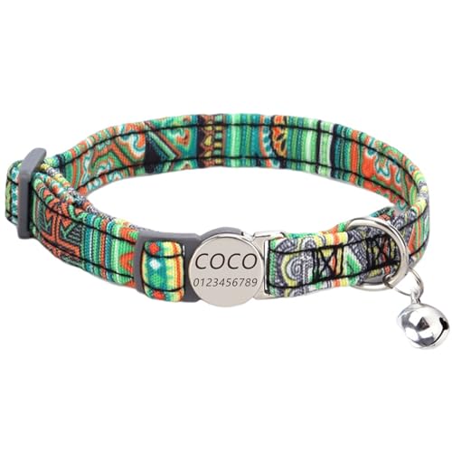 Haustierhalsband mit individueller Gravur, personalisiertes Katzen- und Hundehalsband mit Sicherheitsverschluss, Halsbänder mit Glöckchen für Katzenjungen und mädchen (Grüner ethnischer Stil) von Iirlvior
