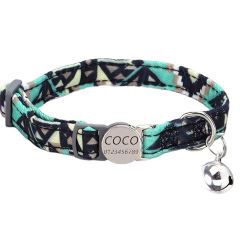Haustierhalsband mit individueller Gravur, personalisiertes Katzen- und Hundehalsband mit Sicherheitsverschluss, Halsbänder mit Glöckchen für Katzenjungen und mädchen (Grünes Kaleidoskop) von Iirlvior