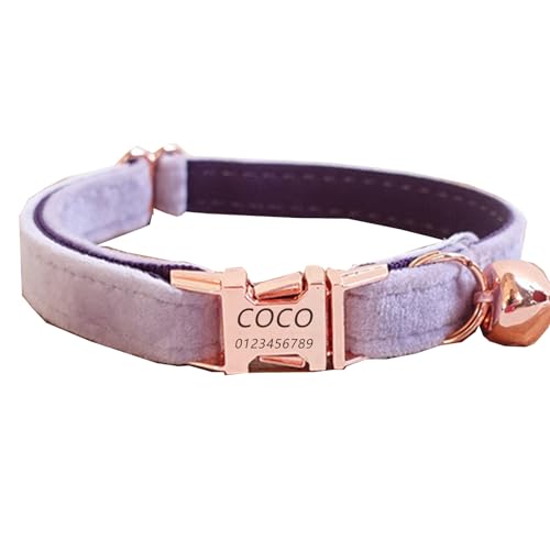 Haustierhalsband mit individueller Gravur, personalisiertes Katzen- und Hundehalsband mit Sicherheitsverschluss, Halsbänder mit Glöckchen für Katzenjungen und mädchen (Hellvioletter Samt,S) von Iirlvior