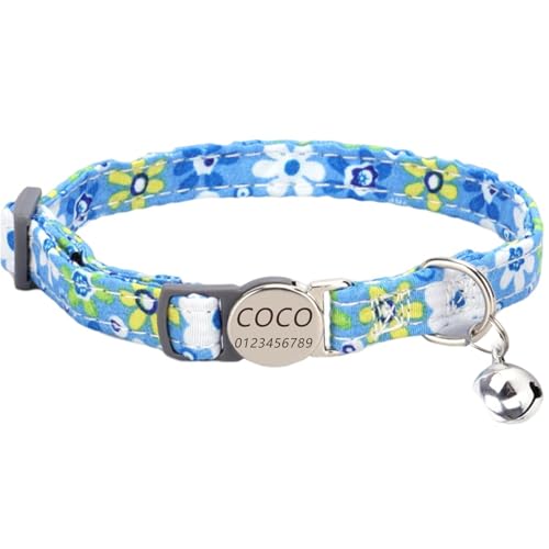 Haustierhalsband mit individueller Gravur, personalisiertes Katzen- und Hundehalsband mit Sicherheitsverschluss, Halsbänder mit Glöckchen für Katzenjungen und mädchen (Kleine Blaue Blumen) von Iirlvior