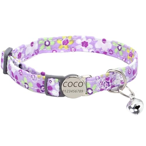 Haustierhalsband mit individueller Gravur, personalisiertes Katzen- und Hundehalsband mit Sicherheitsverschluss, Halsbänder mit Glöckchen für Katzenjungen und mädchen (Lila kleine Blumen) von Iirlvior