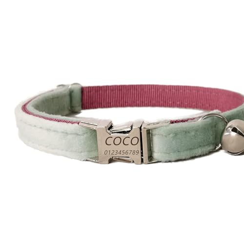 Haustierhalsband mit individueller Gravur, personalisiertes Katzen- und Hundehalsband mit Sicherheitsverschluss, Halsbänder mit Glöckchen für Katzenjungen und mädchen (Mint Puder Frottee,L) von Iirlvior