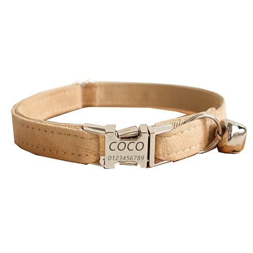 Haustierhalsband mit individueller Gravur, personalisiertes Katzen- und Hundehalsband mit Sicherheitsverschluss, Halsbänder mit Glöckchen für Katzenjungen und mädchen (Nackter Samt,S) von Iirlvior