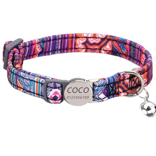 Haustierhalsband mit individueller Gravur, personalisiertes Katzen- und Hundehalsband mit Sicherheitsverschluss, Halsbänder mit Glöckchen für Katzenjungen und mädchen (Orangefarbener ethnischer Stil) von Iirlvior