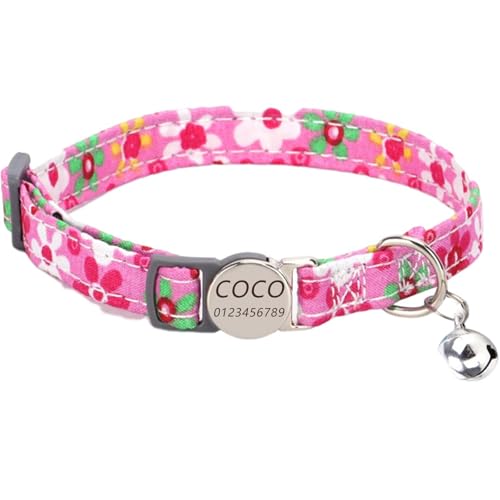 Haustierhalsband mit individueller Gravur, personalisiertes Katzen- und Hundehalsband mit Sicherheitsverschluss, Halsbänder mit Glöckchen für Katzenjungen und mädchen (Rote kleine Blumen) von Iirlvior
