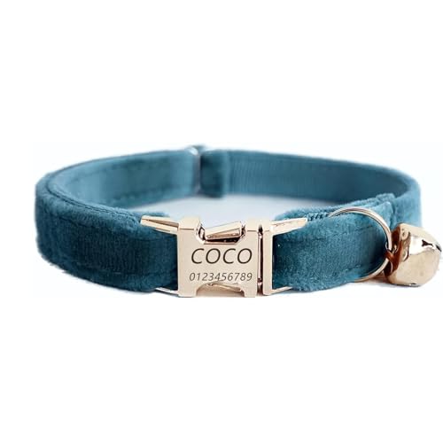 Haustierhalsband mit individueller Gravur, personalisiertes Katzen- und Hundehalsband mit Sicherheitsverschluss, Halsbänder mit Glöckchen für Katzenjungen und mädchen (Smaragdgrüner Samt,L) von Iirlvior