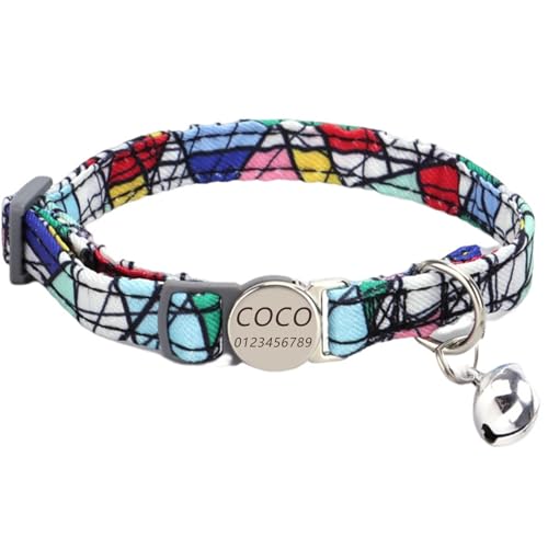 Haustierhalsband mit individueller Gravur, personalisiertes Katzen- und Hundehalsband mit Sicherheitsverschluss, Halsbänder mit Glöckchen für Katzenjungen und mädchen (Weißes Tangram) von Iirlvior