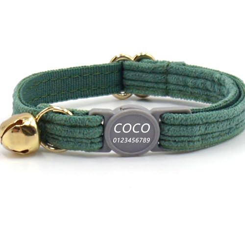 Haustierhalsband mit individueller Gravur, personalisiertes Katzen- und Hundehalsband mit Sicherheitsverschluss, individuelle Halsbänder mit Glöckchen für Katzenjungen und mädchen (Dunkelgrün,S) von Iirlvior
