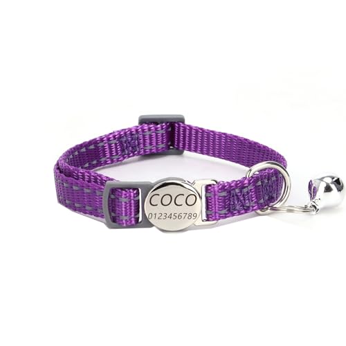 Haustierhalsband mit individueller Gravur, personalisiertes Katzen- und Hundehalsband mit Sicherheitsverschluss, individuelle Halsbänder mit Glöckchen für Katzenjungen und mädchen (Dunkelviolett) von Iirlvior