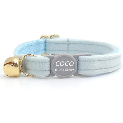 Haustierhalsband mit individueller Gravur, personalisiertes Katzen- und Hundehalsband mit Sicherheitsverschluss, individuelle Halsbänder mit Glöckchen für Katzenjungen und mädchen (Himmelblau,L) von Iirlvior