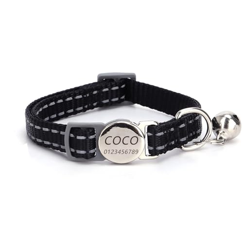 Haustierhalsband mit individueller Gravur, personalisiertes Katzen- und Hundehalsband mit Sicherheitsverschluss, individuelle Halsbänder mit Glöckchen für Katzenjungen und mädchen (Schwarz) von Iirlvior