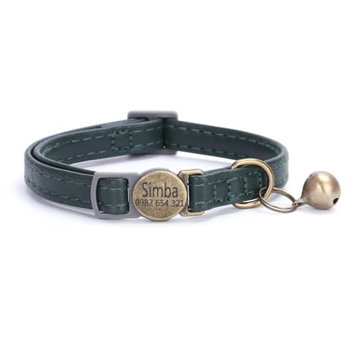 Leder Haustierhalsband mit individueller Gravur, personalisiertes Katzen- und Hundehalsband mit Sicherheitsverschluss, individuelle Halsbänder mit Glöckchen für Katzenjungen und mädchen (Grün) von Iirlvior
