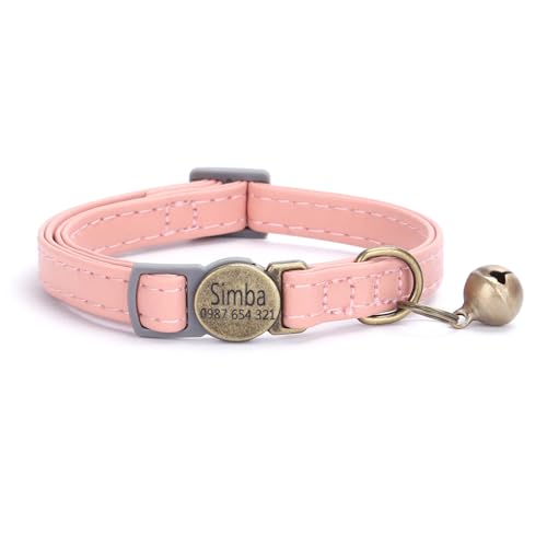 Leder Haustierhalsband mit individueller Gravur, personalisiertes Katzen- und Hundehalsband mit Sicherheitsverschluss, individuelle Halsbänder mit Glöckchen für Katzenjungen und mädchen (Rosa) von Iirlvior