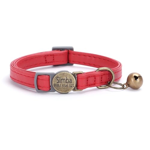 Leder Haustierhalsband mit individueller Gravur, personalisiertes Katzen- und Hundehalsband mit Sicherheitsverschluss, individuelle Halsbänder mit Glöckchen für Katzenjungen und mädchen (Rot) von Iirlvior