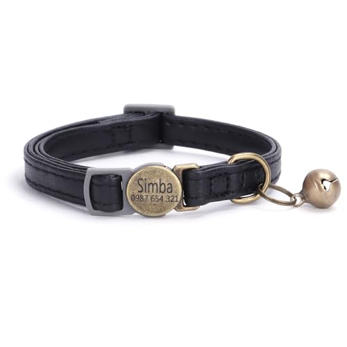Leder Haustierhalsband mit individueller Gravur, personalisiertes Katzen- und Hundehalsband mit Sicherheitsverschluss, individuelle Halsbänder mit Glöckchen für Katzenjungen und mädchen (Schwarz) von Iirlvior