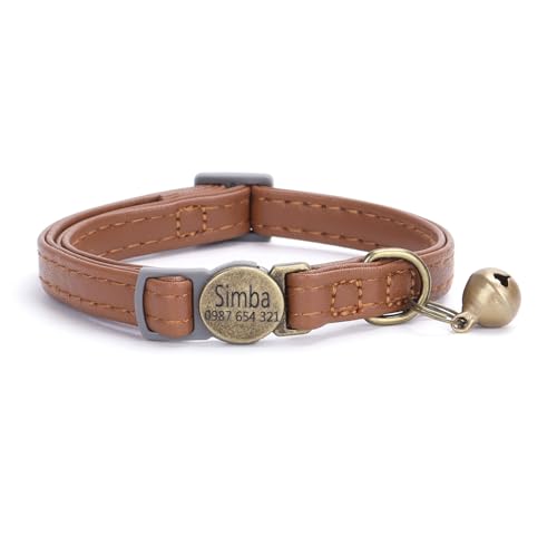 Leder Haustierhalsband mit individueller Gravur, personalisiertes Katzen- und Hundehalsband mit Sicherheitsverschluss, individuelle Halsbänder mit Glöckchen für Katzenjungen und mädchen (braun) von Iirlvior