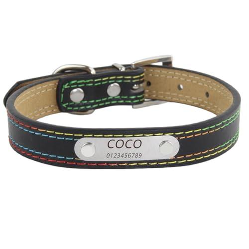 Personalisiertes Hundehalsband aus Leder mit gravierter Metallschnalle – Haustierhalsbänder personalisiert mit Namen und Telefonnummer – verstellbare Größen für Rassen (Colored Thread, Black,M) von Iirlvior