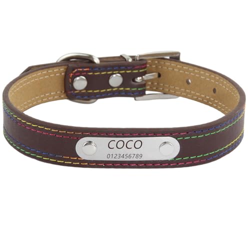 Personalisiertes Hundehalsband aus Leder mit gravierter Metallschnalle – Haustierhalsbänder personalisiert mit Namen und Telefonnummer – verstellbare Größen für Rassen (Colored Thread, Coffee,S) von Iirlvior