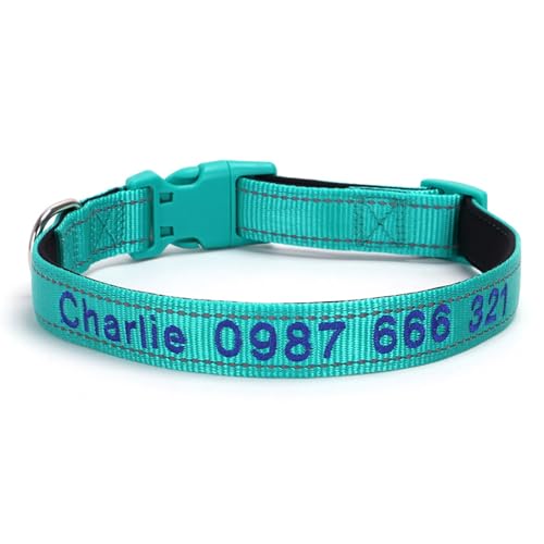Personalisiertes Hundehalsband mit Namen, individuell bestickter Kosename und Telefonnummer, verstellbare Größen, kleine Schnellverschlussschnalle, reflektierende Haustierhalsbänder (Grüne Waldfarbe) von Iirlvior