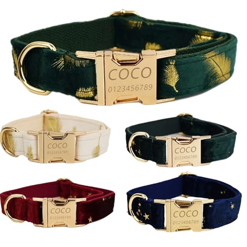 Personalisiertes Hundehalsband mit gravierter Metallschnalle – Haustierhalsbänder personalisiert mit Namen und Telefonnummer – Samtdruck – Verstellbare Größen für Rassen (Tiefblaue Sterne, M) von Iirlvior