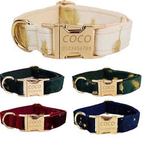 Personalisiertes Hundehalsband mit gravierter Metallschnalle – Haustierhalsbänder personalisiert mit Namen und Telefonnummer – Samtdruck – Verstellbare Größen für Rassen (Weinroter Stern, L) von Iirlvior