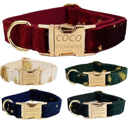 Personalisiertes Hundehalsband mit gravierter Metallschnalle – Haustierhalsbänder personalisiert mit Namen und Telefonnummer – Samtdruck – Verstellbare Größen für Rassen (Weinroter Stern, XL) von Iirlvior