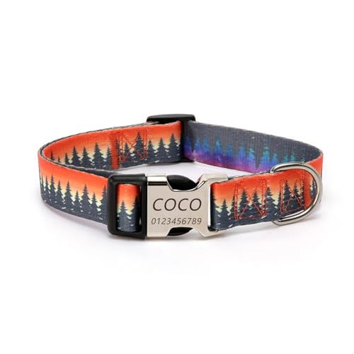 Personalisiertes Hundehalsband mit gravierter Metallschnalle – Haustierhalsbänder personalisiert mit Namen und Telefonnummer mit graviertem Schieber – verstellbare Größen (Aurora-Wald,L) von Iirlvior