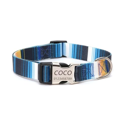 Personalisiertes Hundehalsband mit gravierter Metallschnalle – Haustierhalsbänder personalisiert mit Namen und Telefonnummer mit graviertem Schieber – verstellbare Größen (Blaue Streifen,S) von Iirlvior