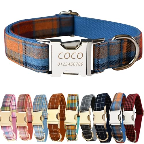 Personalisiertes Hundehalsband mit gravierter Metallschnalle – Haustierhalsbänder personalisiert mit Namen und Telefonnummer mit graviertem Schieber – verstellbare Größen (Blauer Hintergrund, M) von Iirlvior
