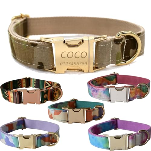 Personalisiertes Hundehalsband mit gravierter Metallschnalle – Haustierhalsbänder personalisiert mit Namen und Telefonnummer mit graviertem Schieber – verstellbare Größen (Braune Tarnung, S) von Iirlvior