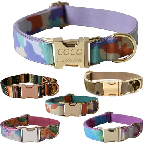 Personalisiertes Hundehalsband mit gravierter Metallschnalle – Haustierhalsbänder personalisiert mit Namen und Telefonnummer mit graviertem Schieber – verstellbare Größen (Lila Camouflage, M) von Iirlvior