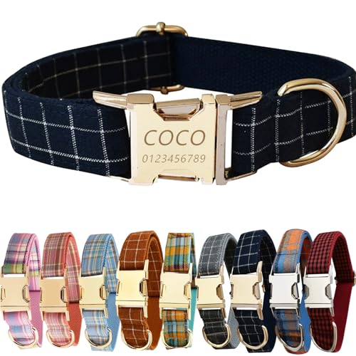 Personalisiertes Hundehalsband mit gravierter Metallschnalle – Haustierhalsbänder personalisiert mit Namen und Telefonnummer mit graviertem Schieber – verstellbare Größen (Marineblau, L) von Iirlvior